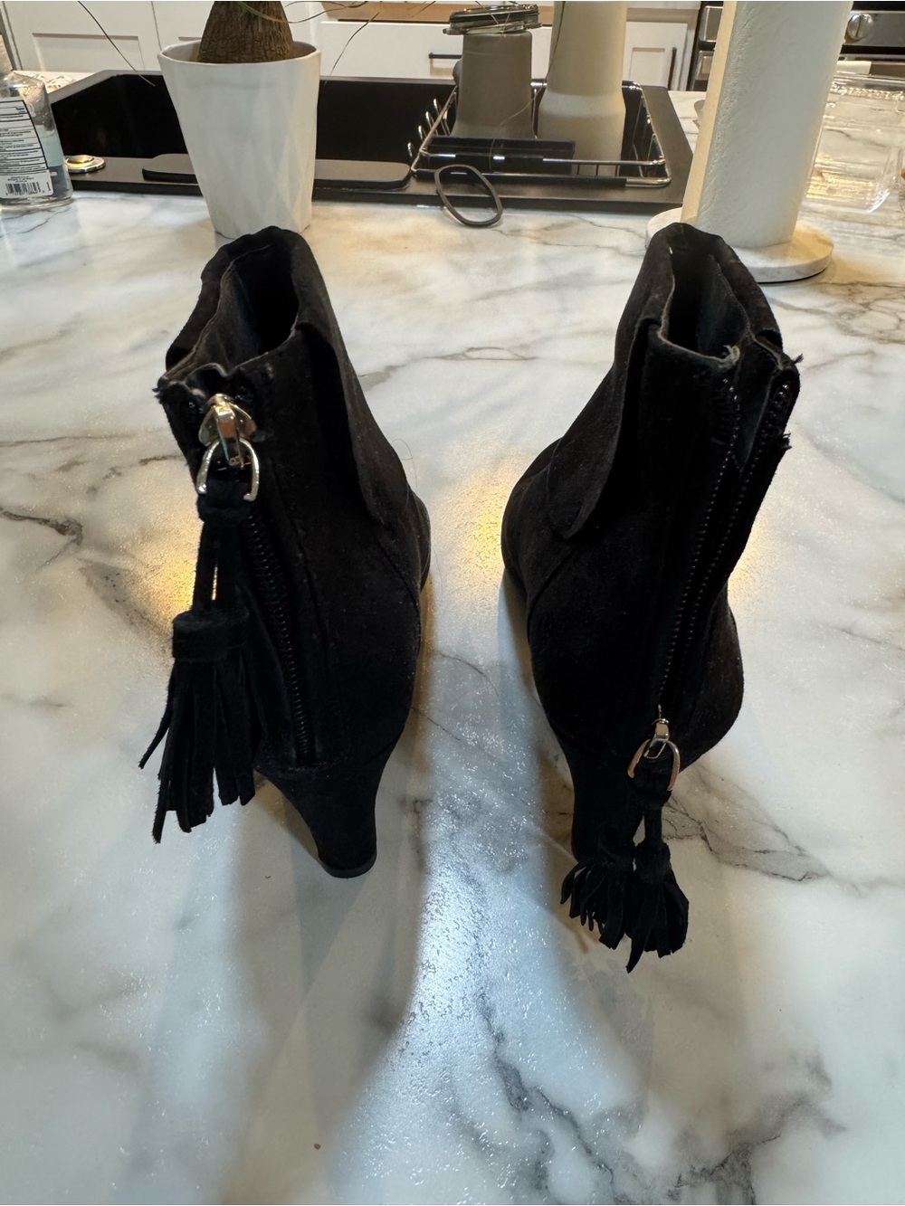 Black Suede Tassel Back-Zip Ankle Boots - Women